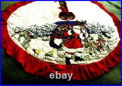 VTG Christmas Tree Skirt Quilted Ruffled Santa Reindeer Animals 36 Cottagecore