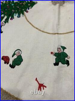 VTG MCM Handmade Felt Pixie Elf Elves Christmas Tree Skirt 48Round Unique OOAK