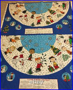 VTG PEANUTS Christmas Tree Skirt CHARLIE BROWN Quilted fabric 2 Panels Blue DIY