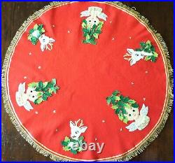 Vintage 1960 HANDMADE Red Felt Tablecloth Tree Skirt Angel Deer Sequins Bead