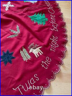Vintage 1990s Anthropologie Red Embroidered Christmas Tree Skirt 55