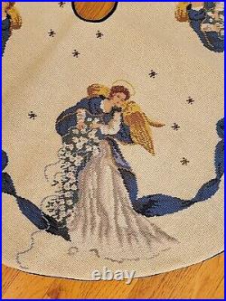 Vintage Angels Theme Finished Needlepoint Off White Christmas Tree Skirt 40 EUC
