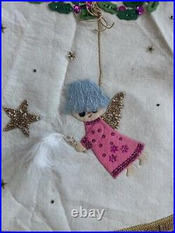 Vintage Bucilla ANGELS Stars Felt Sequins Christmas Tree Skirt Jeweled Rare MCM
