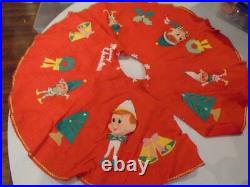 Vintage Christmas Tree Skirt Elf Pixies on Red Felt with Vinyl Heads