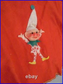 Vintage Christmas Tree Skirt Elf Pixies on Red Felt with Vinyl Heads