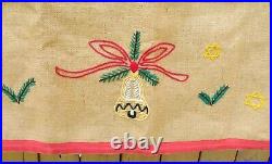Vintage Christmas Tree Skirt Embroidered on Burlap Scandinavian 49x49 Square