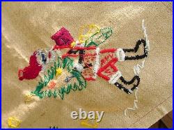 Vintage Christmas Tree Skirt Embroidered on Burlap Scandinavian 49x49 Square
