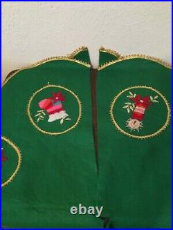 Vintage Christmas Tree Skirt Felt Embroidered Handmade Green Gold Trim 43