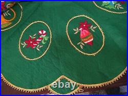 Vintage Christmas Tree Skirt Felt Embroidered Handmade Green Gold Trim 43