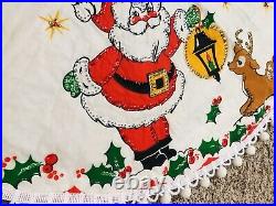 Vintage Christmas Tree Skirt Handmade Beaded Sequins Santa Reindeer Kitsch