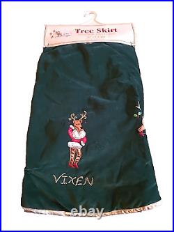 Vintage Christmas Tree Skirt Lined Velour 8 Reindeer Velvet Green Gold 56 RARE