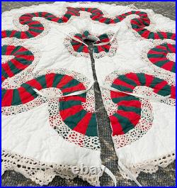 Vintage Christmas Tree Skirt Quilted & Crocheted Trim Handmade Ivory Cottage 45
