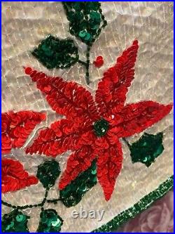 Vintage Christmas Tree Skirt Sequin Poinsettia