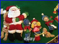 Vintage Christmas tree skirt felt sequins puffy figures Santa Children animals