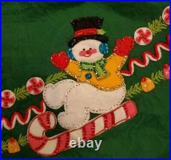 Vintage Completed Bucilla Candy Santa Snowman Felt Table Topper Tree Skirt Beads