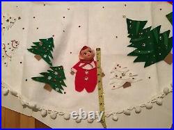 Vintage Felt Elf Elves Pixie Christmas Tree Skirt 38 White Appliqués Sequins