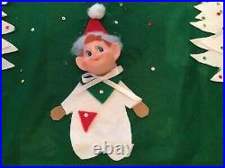 Vintage Felt Pixie Elf Elves Christmas Tree Skirt Xmas plastic elf face