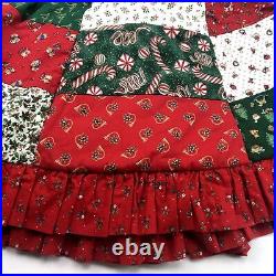 Vintage Handmade Calico Quilted Christmas Tree Skirt Candy Cane Mistletoe Ruffle