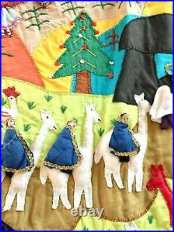 Vintage Handmade Christmas Tree Skirt Nativity Scene, Llamas, Cat, Santa, Animal