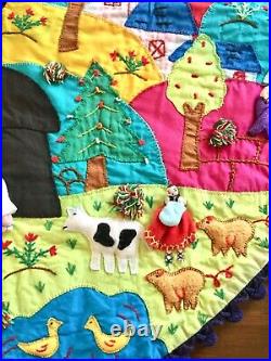 Vintage Handmade Christmas Tree Skirt Nativity Scene, Llamas, Cat, Santa, Animal