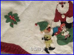 Vintage Handmade Felt Christmas Tree Skirt Sequins Elves Santa MCM Tablecloth