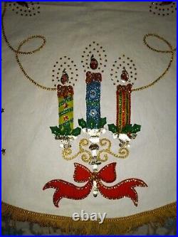 Vintage MCM Bucilla Holiday Candle Felt Sequins Jeweled Christmas Tree Skirt