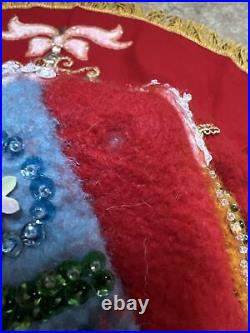 Vintage MCM Bucilla Holiday Candle Felt Sequins Jeweled Christmas Tree Skirt Red
