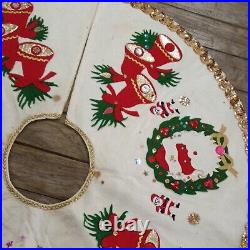 Vintage MID Century Felt & Sequin Christmas Tree Skirt 33 Santa Wreath & Bells