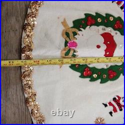 Vintage MID Century Felt & Sequin Christmas Tree Skirt 33 Santa Wreath & Bells