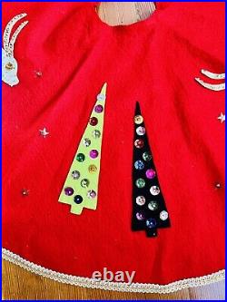Vintage Mid Century Felt Christmas Tree Skirt Sequin 32 Round Atomic Trees