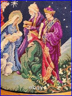 Vintage Nativity Scene Finished Needlepoint Christmas Tree Skirt 40x41 EUC