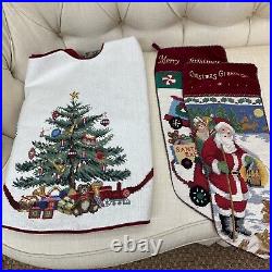 Vintage Needlepoint Christmas Tree Skirt Holliday + 2 Needlepoint Stockings