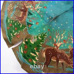 Vintage Paint by Number Christmas Tree Skirt Deer Birds Hand Painted Felt Old
