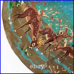 Vintage Paint by Number Christmas Tree Skirt Deer Birds Hand Painted Felt Old