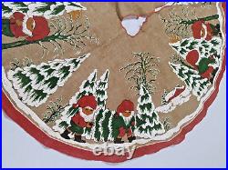 Vintage Painted Burlap Christmas Tree Skirt Elves Getting Christmas Trees Signed