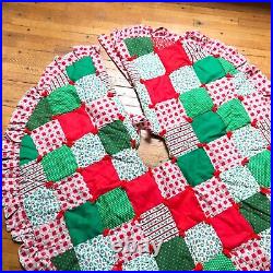 Vintage Ruffled Quilt Christmas Tree Skirt Yarn Bow Red Green Mistletoe Polkadot