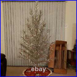 Vintage Silver Glow 6 1/2 ft Aluminum Christmas Tree in Box, Elf Skirt & Stand