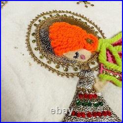 Vtg Mid Century Atomic Angels Sequin & Beads Christmas Tree Skirt Fringe Kitsch