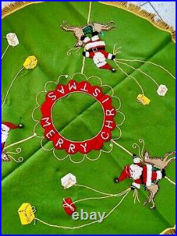 Vtg Mid Century Green Felt Sequins Bells Christmas Tree Skirt 44 Santa Reindeer