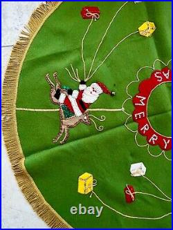 Vtg Mid Century Green Felt Sequins Bells Christmas Tree Skirt 44 Santa Reindeer