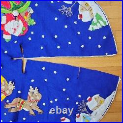 XMAS Tree Skirt Reindeer Jeweled Felt Sequined Embroidered Navy Handmade 35 Vtg